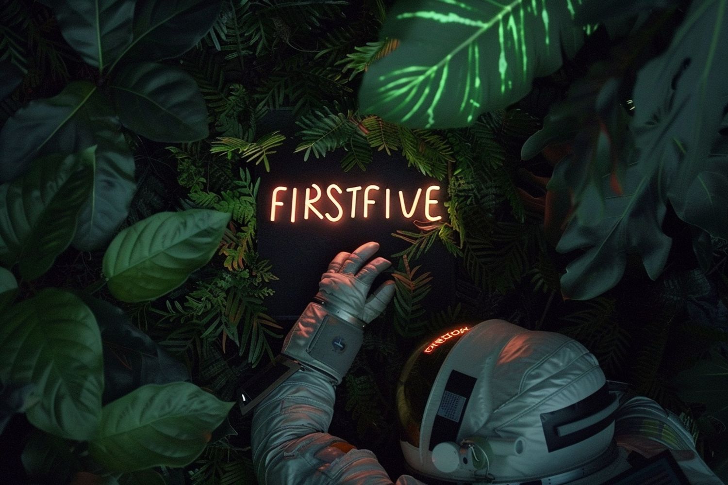 an astronaut holding laying down in green foliage leaves, holding a neon sign with the text "FIRSTFIVE", top-down view, IMAX 4k dvd screengrab