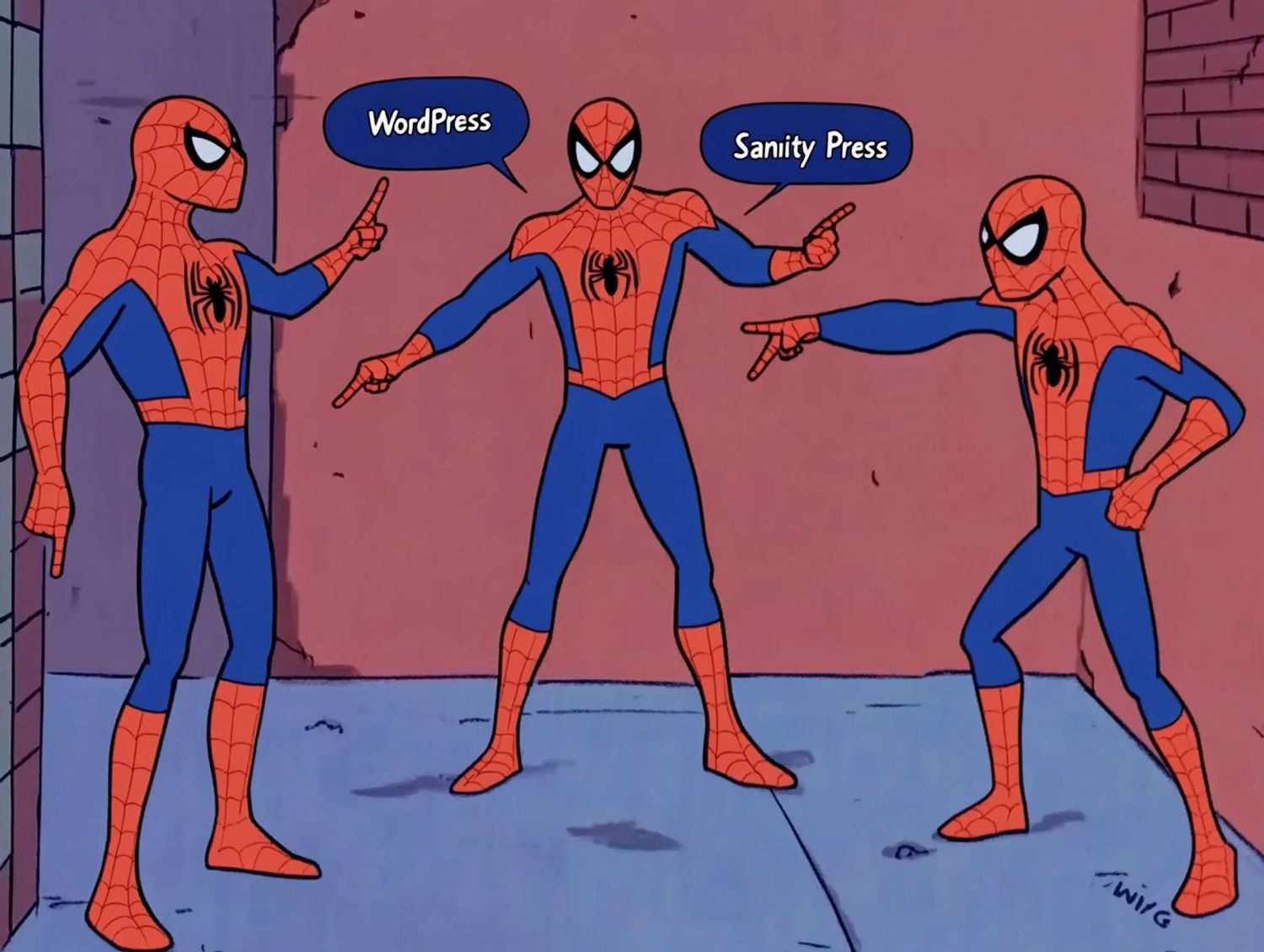 3 ugly spidermen pointing fingers at each other in confusion, each with 3 speech bubbles "WordPress" "WYSIWYG" and "SanityPress" respectively, in a dirty New York alleyway, cartoon by Stan Lee