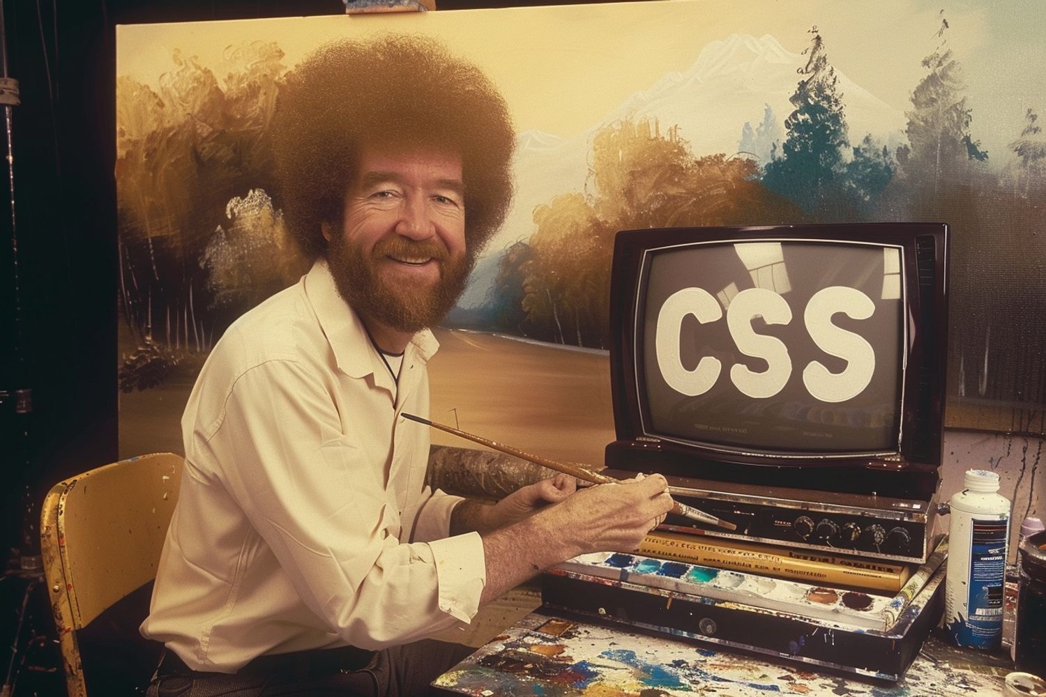 Bob ross painting the text "CSS" on a large canvas