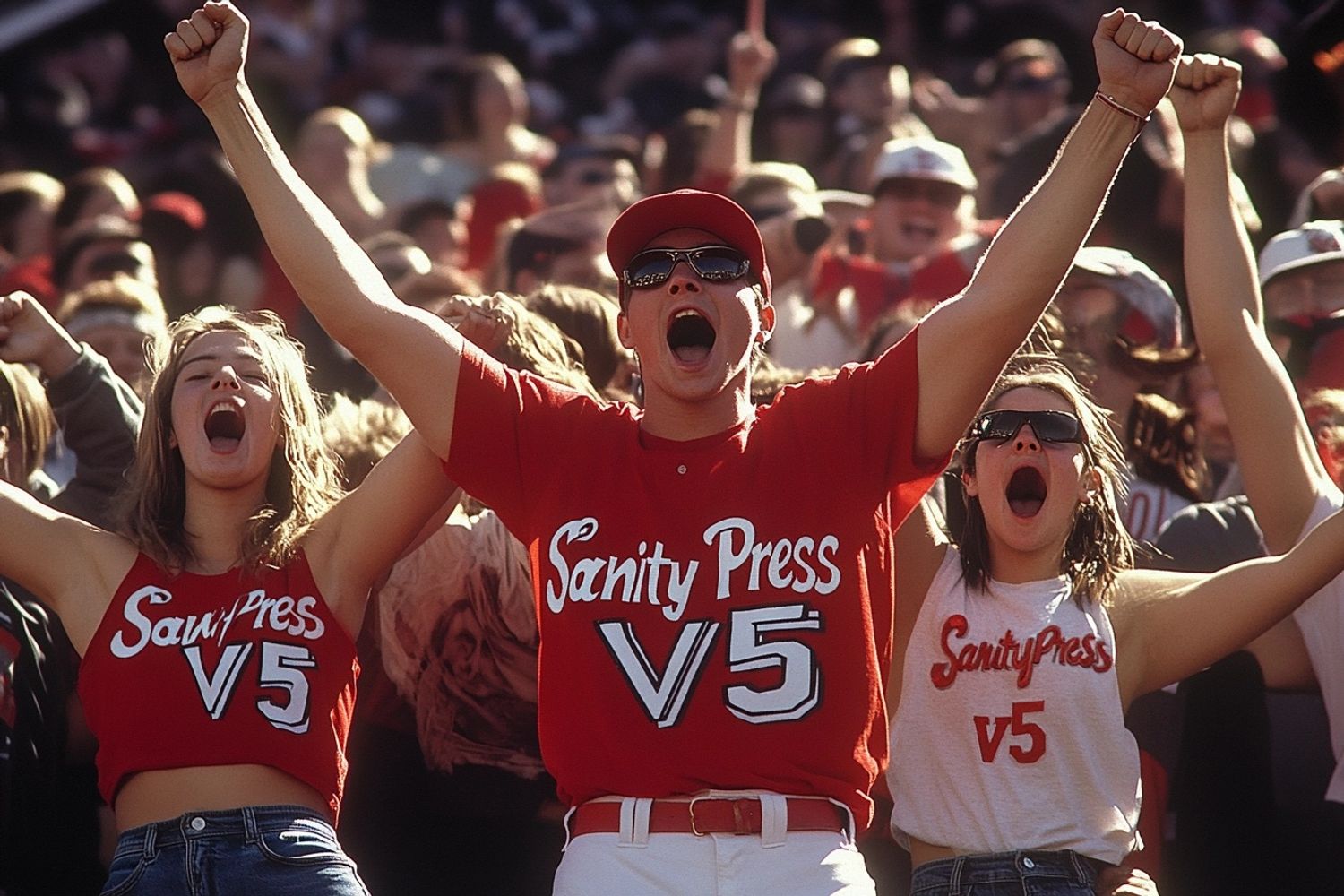 male teenager fans in a baseball stadium with the letters "SanityPress v5" written on their chests, Hasselblad 4k