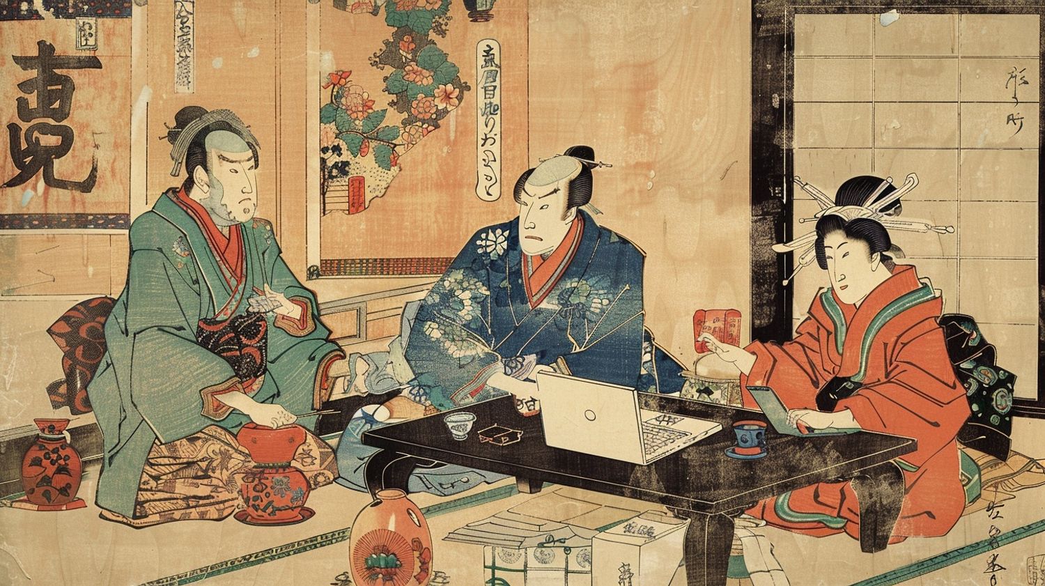 citizens of Edo period Japan, typing on a macbook, traditional ukiyo-e print, by Hokusai