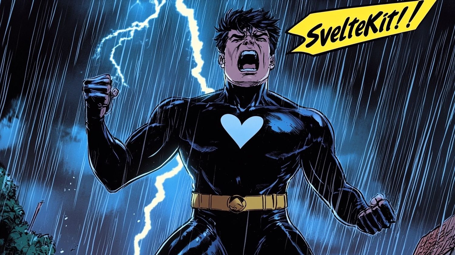 a young heroic male wearing an all-black suit with a white heart symbol on the chest, heroically pointing to the sky and screaming "SvelteKit!", lightning strikes and raining, in the style of Marvel graphic novels comics strip