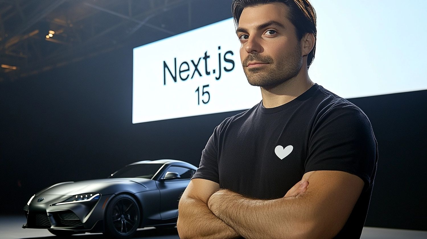 a handsome man with a mustache, wearing a black t-shirt with a large white heart on his chest, revealing a matte black Toyota Supra car with the text "Next.js 15" on a tech convention keynote stage, broad daylight with blue skies, Hasselblad 4k