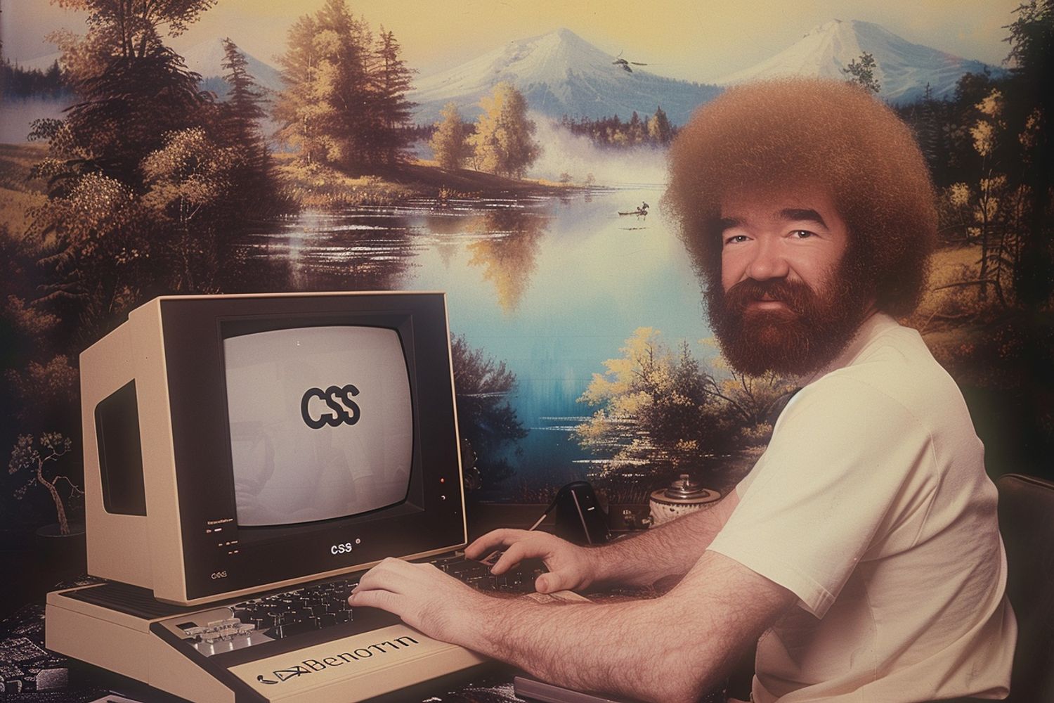 Bob ross typing on a Macintosh in the 80s, the text "CSS" on the computer screen