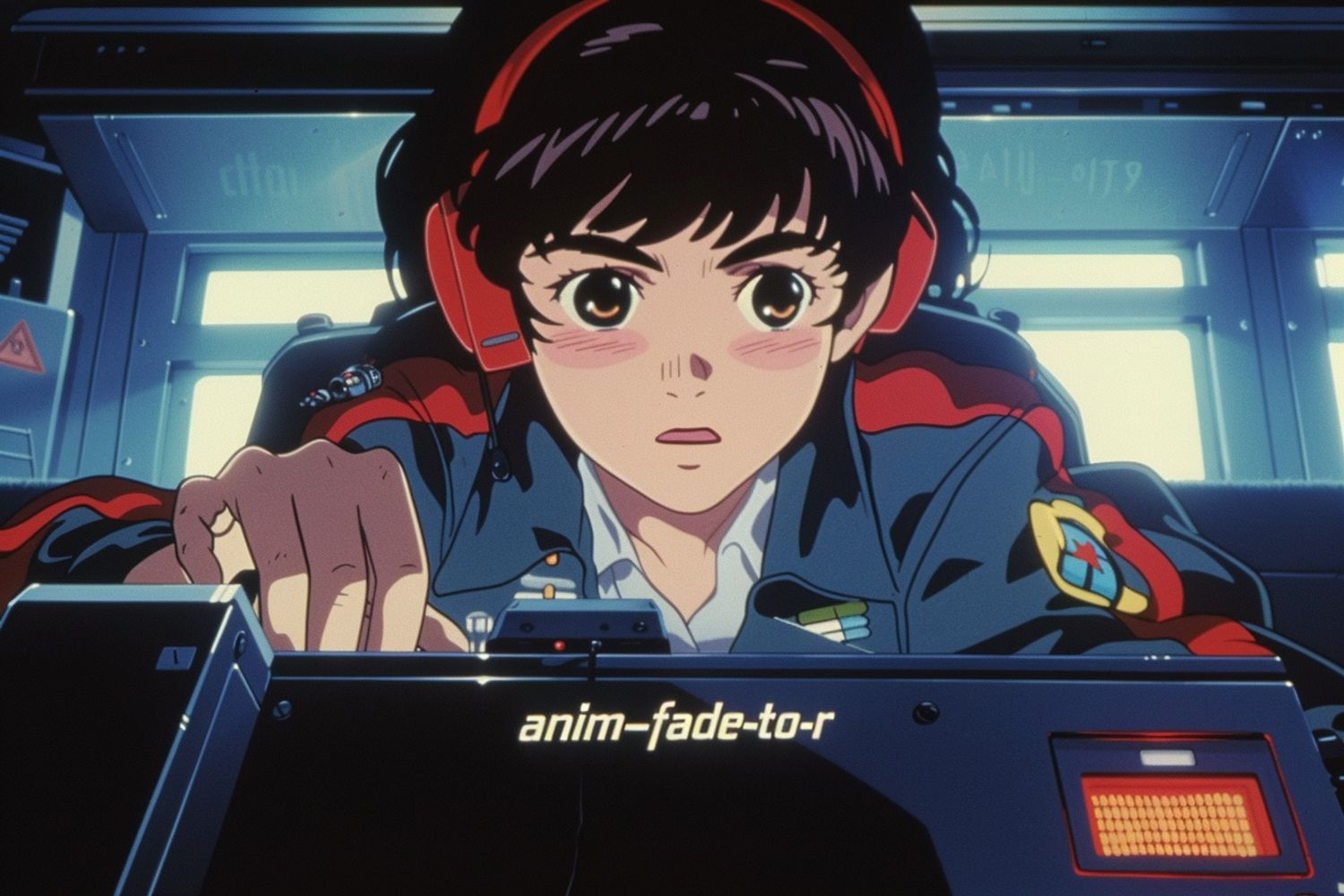 a cute girl with a bored expression, typing on a macbook with the text "anim-fade-to-r" on the front OLED screen, in an office cubicle, 80s retro anime screengrab