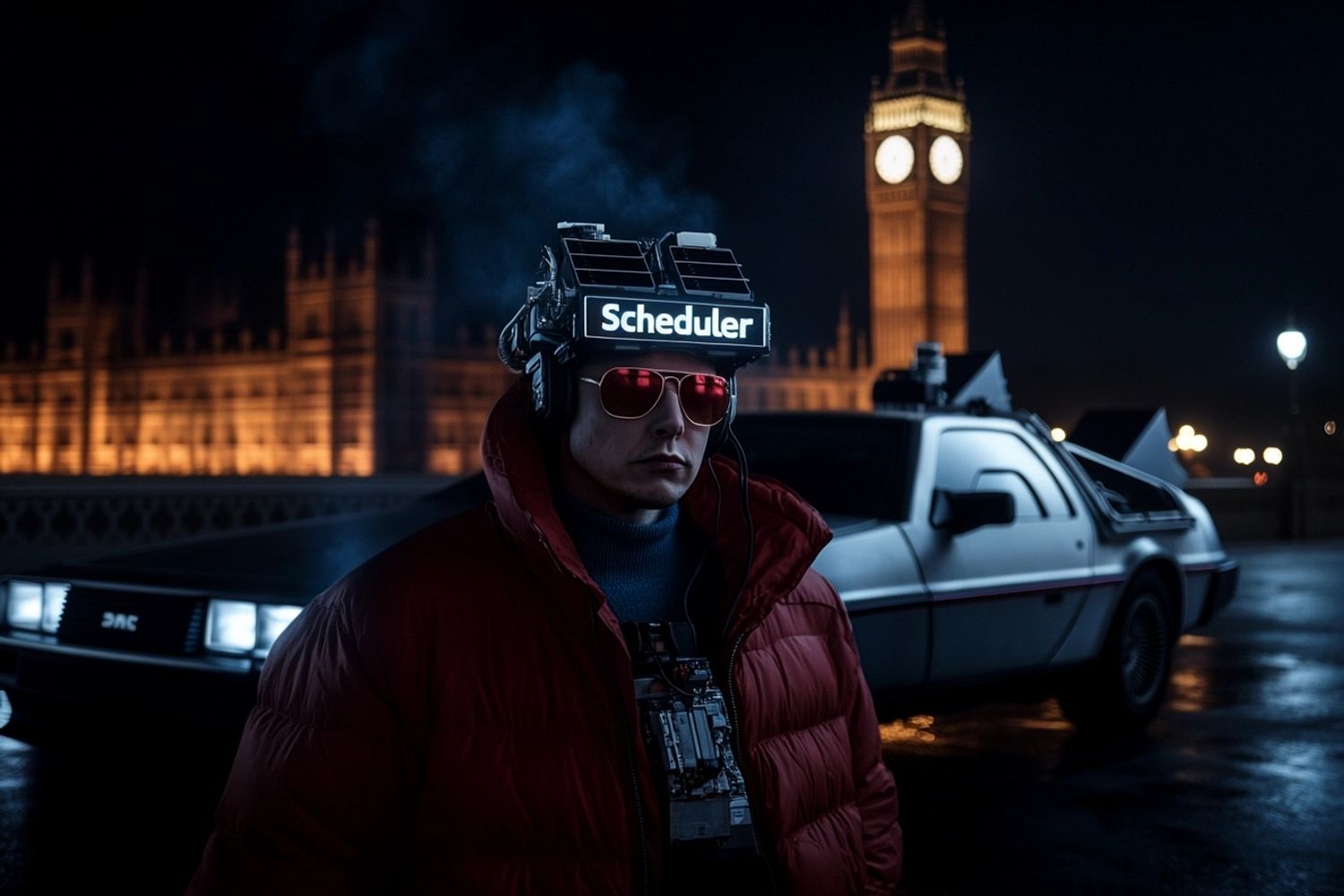 Delorian in front of tire marks in flames, the movie title text "Scheduler" in the style of Back to the Future. Elon Musk wearing a red down jacket and wearing sunglasses standing next to the Delorian, Big Ben London in the back, 70s film still