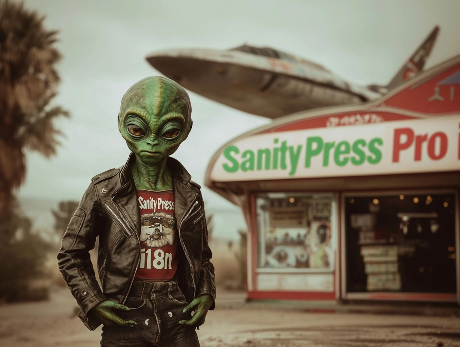 a green alien wearing a leather jacket with the text "SanityPress Pro" living in paradise, the signage "i18n" shop in the background, large starship spaceship in the distant background, technicolor 1960s film