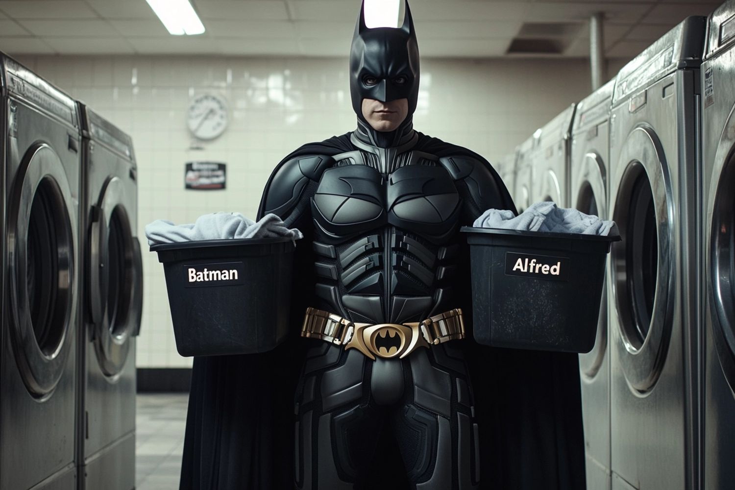 the dark knight batman, holding laundry and standing next to organized laundry baskets labeled "Batman" and "Alfred", at a public laundromat, Hasselblad 4k