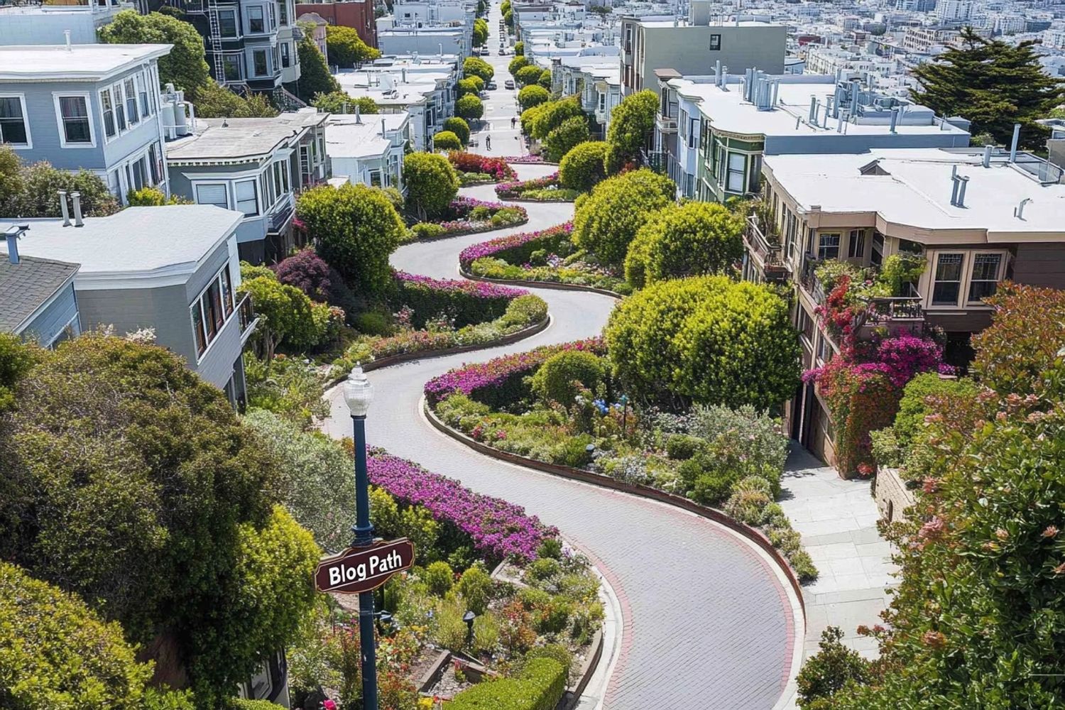 Lombard Street in San Francisco, a wavy street between a neighborhood with bushes and flowers, street sign with the text "Blog Path", cityscape of San Franscisco in the distant background, IMAX 70mm