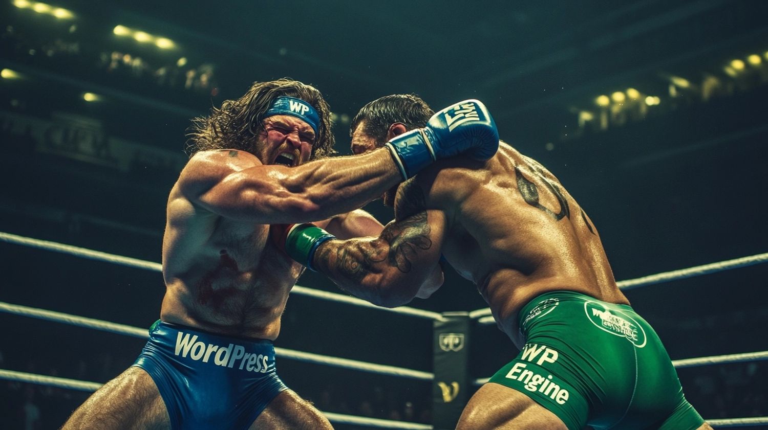 blue WWE fighter wearing the text "WordPress" aggressively punching the face of green WWE fighter wearing the text "WP Engine", during a WWE match, vintage Hasselblad sports photography