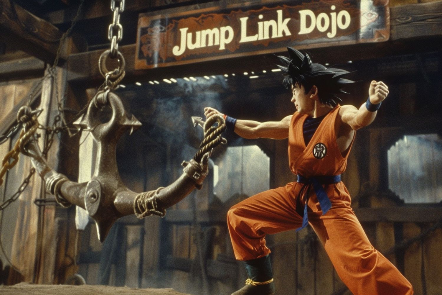 1980s action movie film still of realistic Goku training by carrying a metal massive ship anchor in a dojo with the text "Jump Link Dojo"