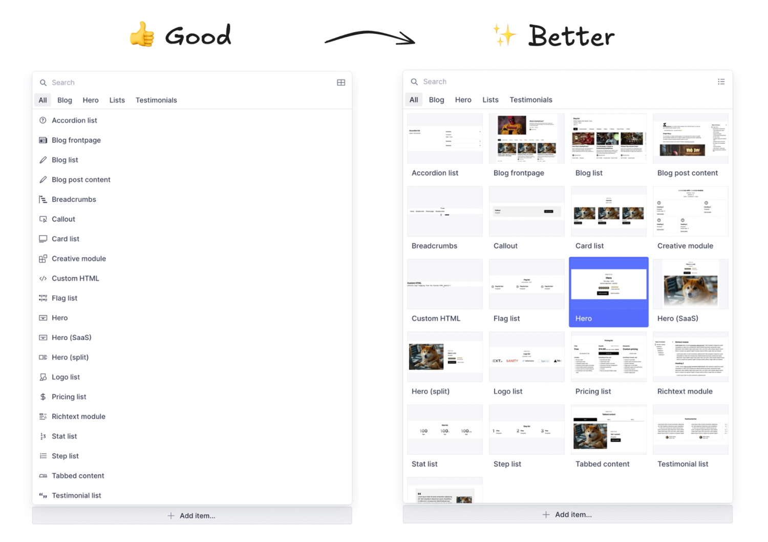 Comparison of list view with icons (good) and grid view with thumbnails (better)