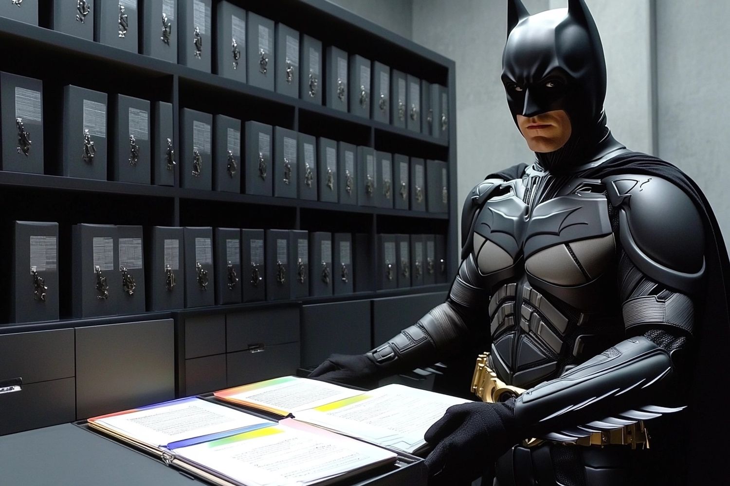 the dark knight batman pulling out his desk drawer cabinet with an organized and a rainbow color-coded folder of paperwork, angled shot, Hasselblad 4k