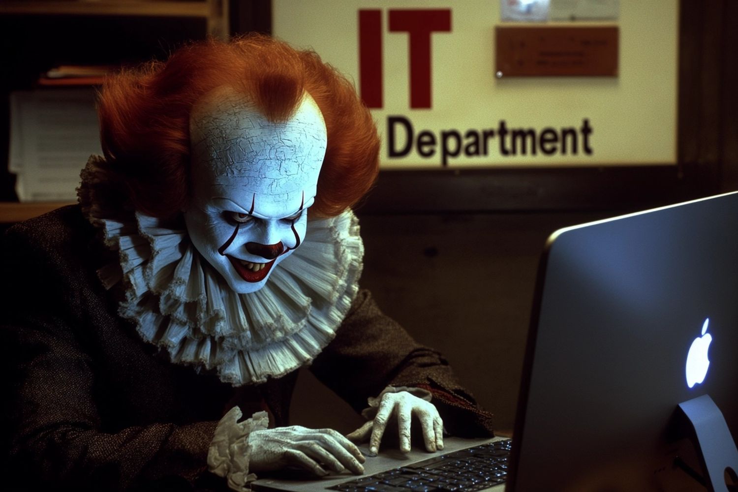 pennywise wearing business formal suite typing on a Macintosh computer, inside a business office with the text "IT Department" in the background, IMAX 70mm