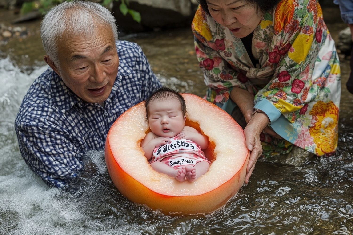 a newborn infant sleeping inside of a large sliced pink peach, wearing a t-shirt with the text "SanityPress", flowing along a river stream in rural Kyoto Japan, grandpa and grandma wearing colorful traditional clothing in extreme shocked expressions, Hasseblad