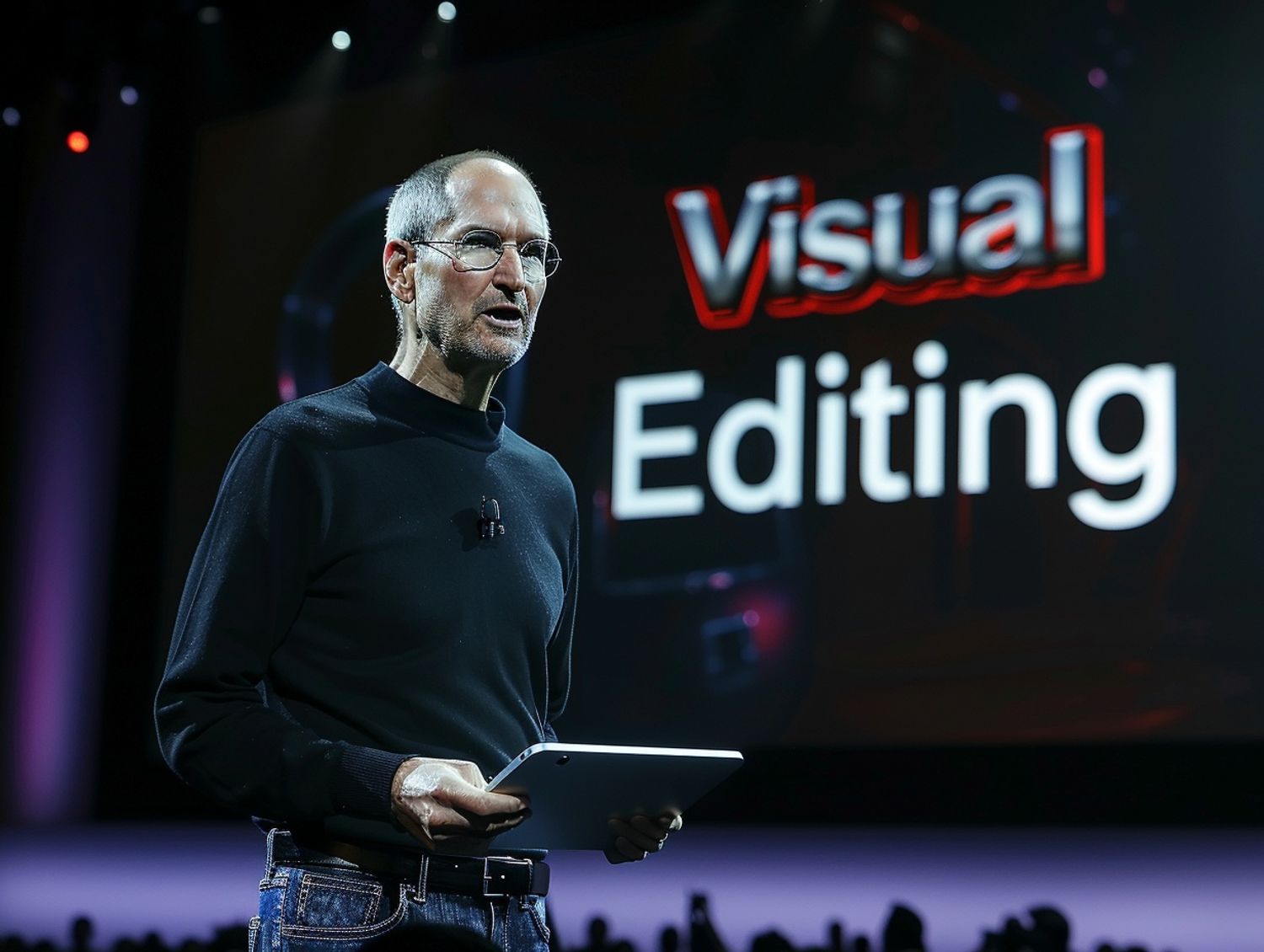 Steve Jobs delivering a keynote presentation on stage with the text "Visual Editing"