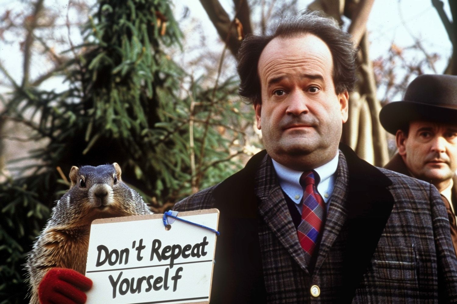 Bill Murray holding a sign that says "Don't Repeat Yourself", a ground hog sticking his head out of the ground, film still from the movie Ground Hog day