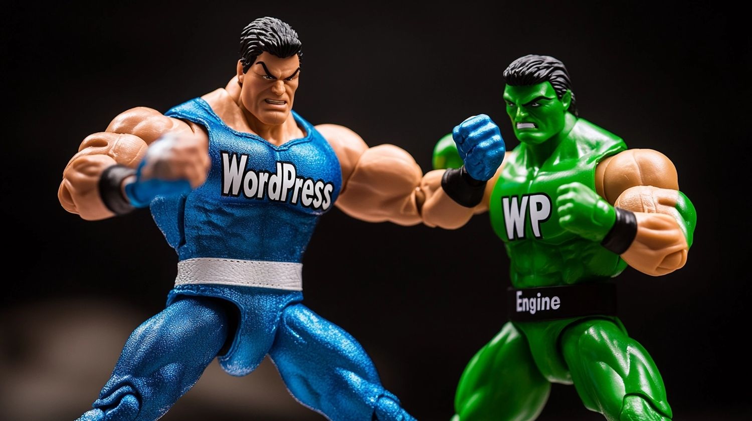 blue WWE action figure wearing the text "WordPress" aggressively punching the face of green WWE action figure wearing the text "WP Engine", during a WWE match, Hasselblad photography