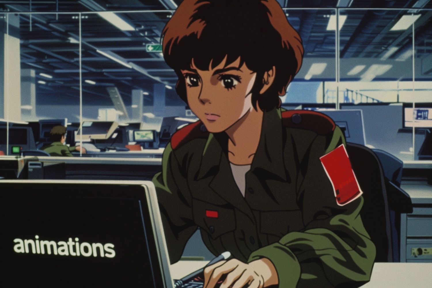 a cute girl with a bored expression, typing on a macbook with the text "animations" on the front OLED screen, in an office cubicle, 80s retro anime screengrab