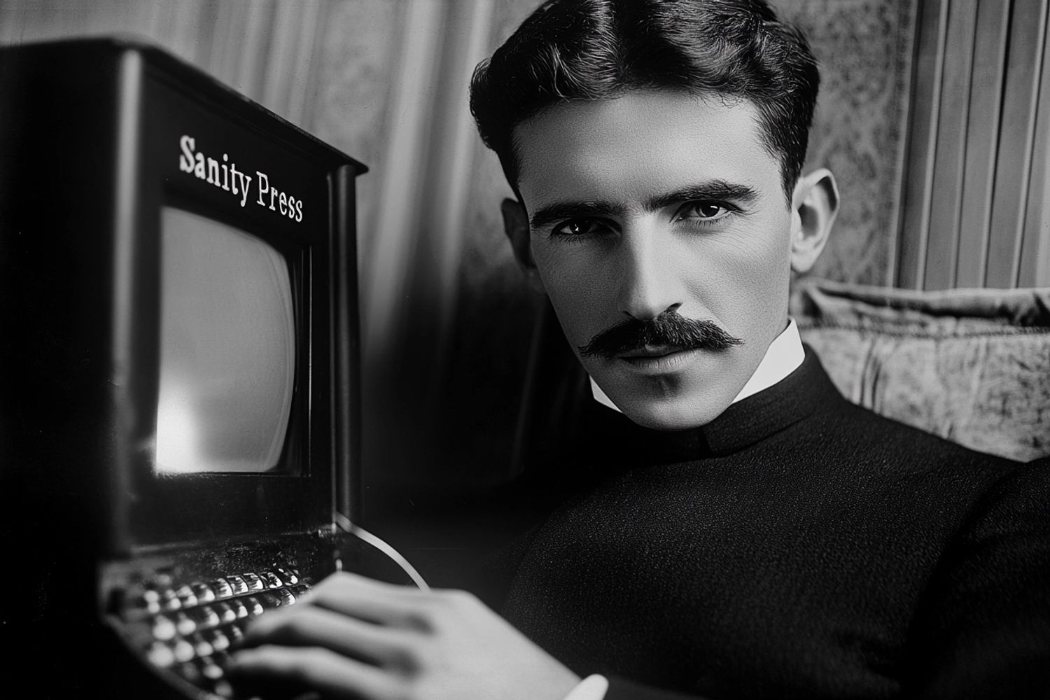 laptop computer with the text "SanityPress", electricity sparking out of the computer onto his hands, aged daguerrotype