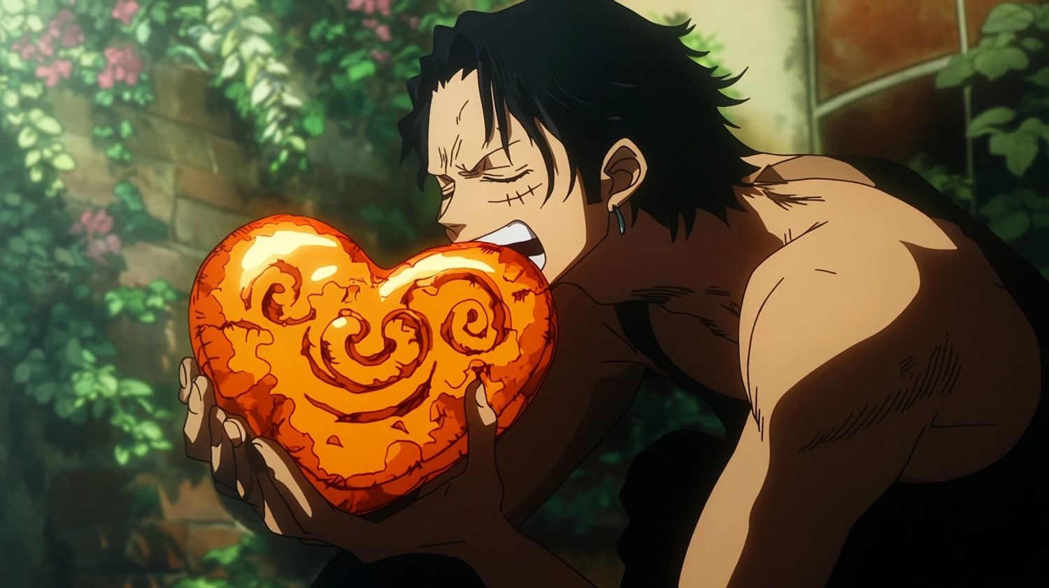 a young heroic male wearing black baggy trousers, biting a heart-shaped orange fruit with spiral patterns, tv screengrab from the anime One Piece, by Oda Eiichiro