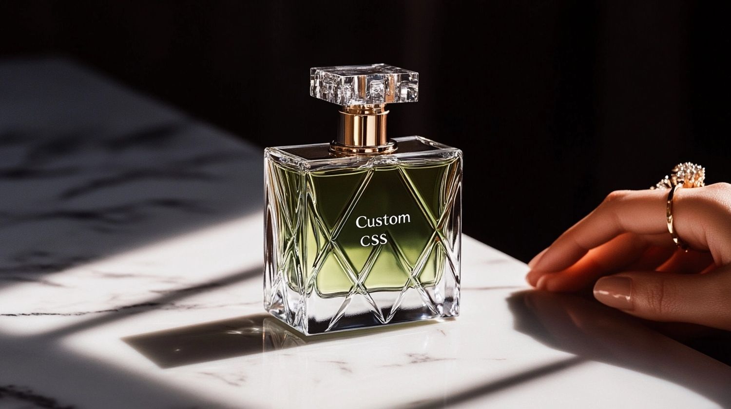 Dior-style perfume bottle with green liquid contents with the Dior logo "Custom CSS", sunlight and shadows shining through the bottle, a beautiful elegant woman's hand rested on the table to the side, lifestyle product photography on marble, photorealism Hasselblad