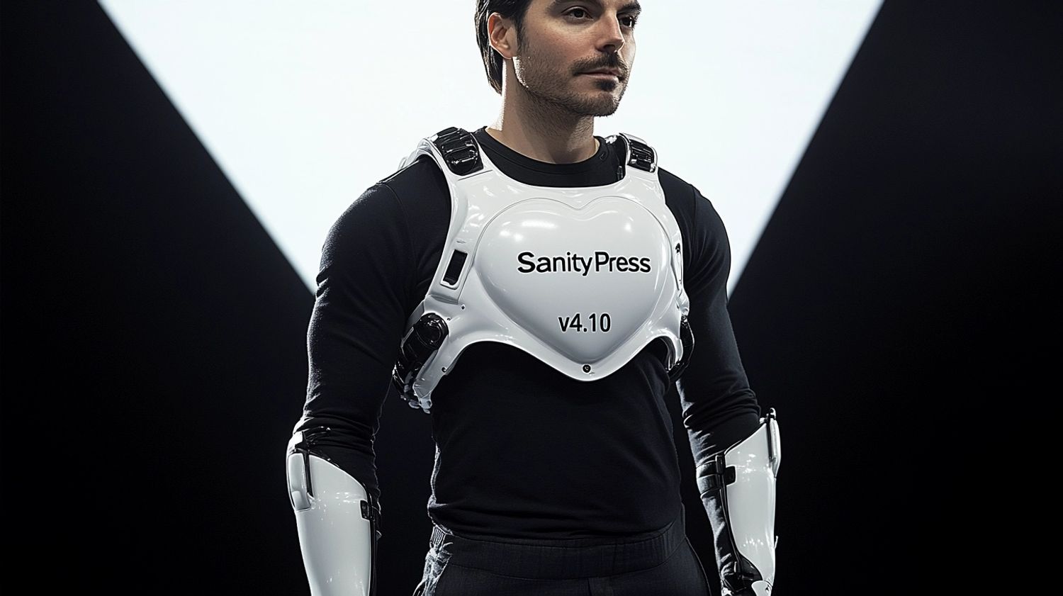 a handsome man with a mustache, wearing a black t-shirt with a large white heart on his chest, revealing a white spacex spacesuit with the text "SanityPress v4.10" on a tech convention keynote stage, broad daylight with blue skies, Hasselblad 4k