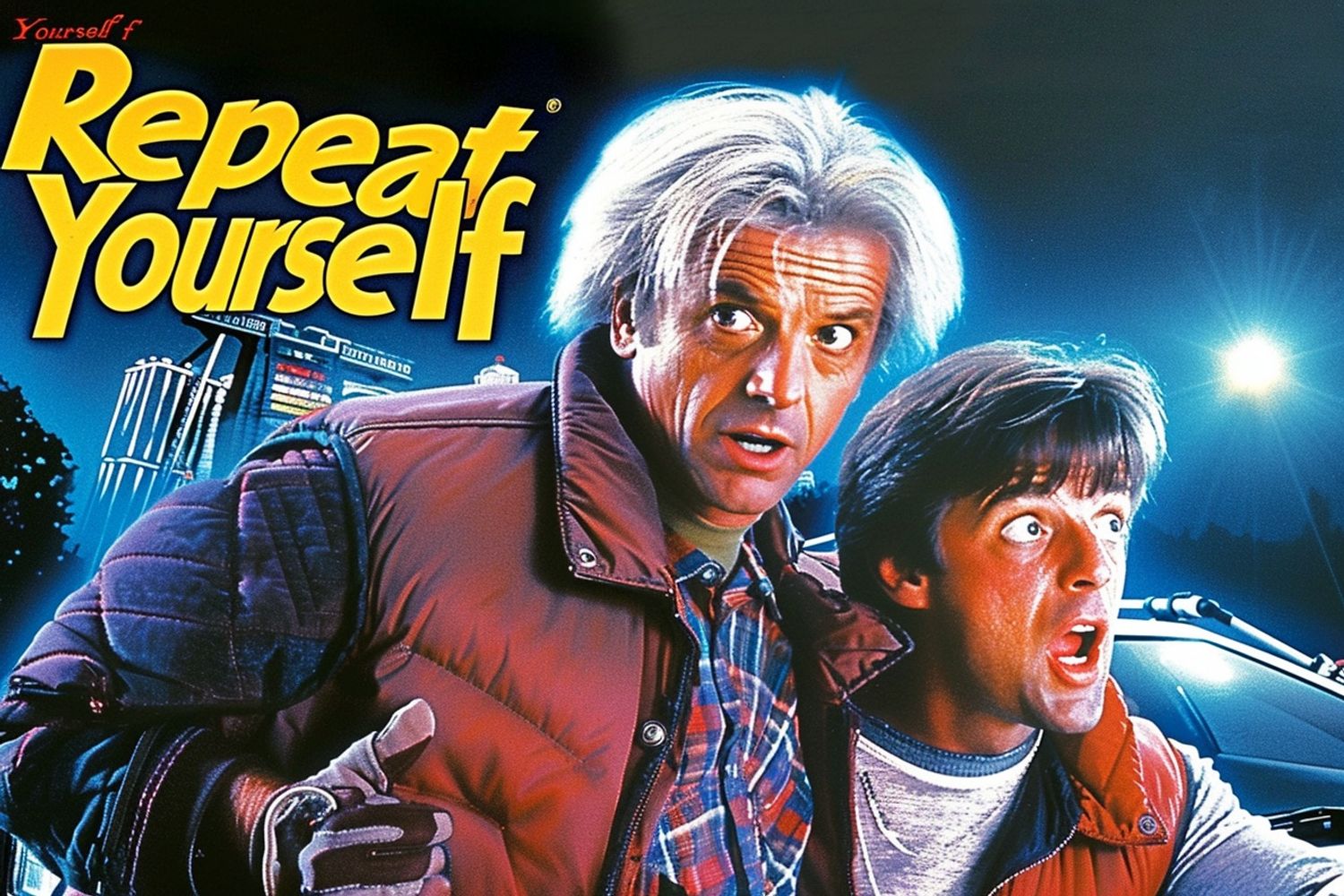 Doc and Marty McFly in shocked expressions, with the title text "Repeat Yourself" in the style of the Back to the Future movie logo