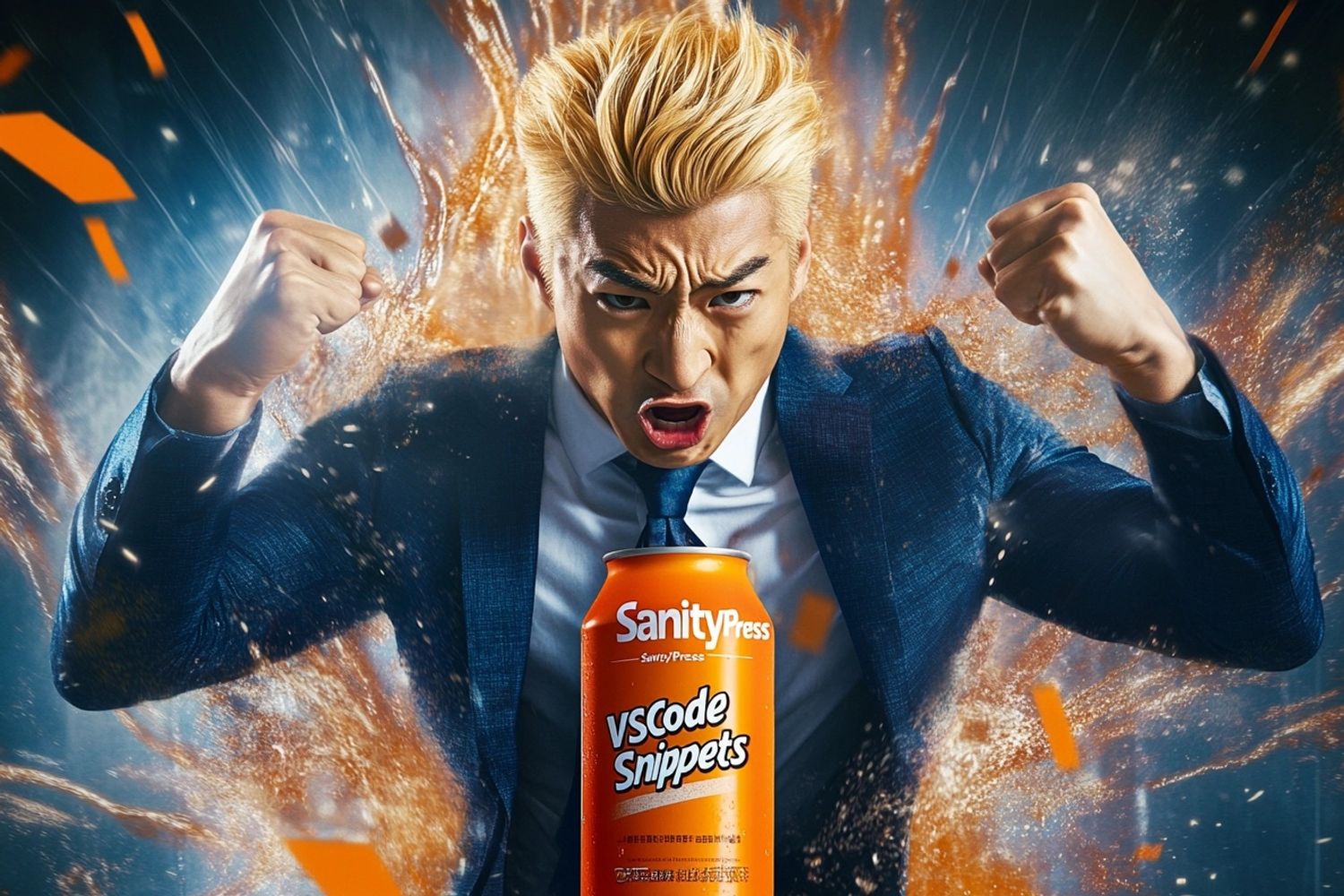 exaggerated poster for an orange energy drink with the logo "SanityPress" and "VSCode" and "Snippets", blonde asian male muscular salaryman wearing business attire sweating like an athlete