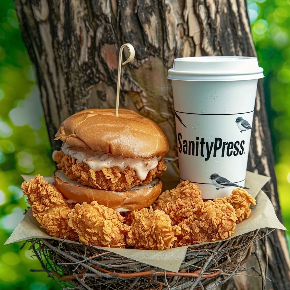 a savory and crispy chicken sandwich, inside a realistic bird's nest with baby birds at the top of a tree, a fountain drink cup with the text "SanityPress" in the back, professional product shoot