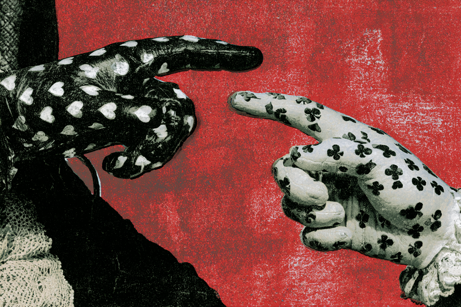 michelango hands in proximity to each other, pointing at each other with index finger, woodblock print graphic design. left hand is of a black leather glove with white heart patterns. the right hand is of a white glove with black clover patterns