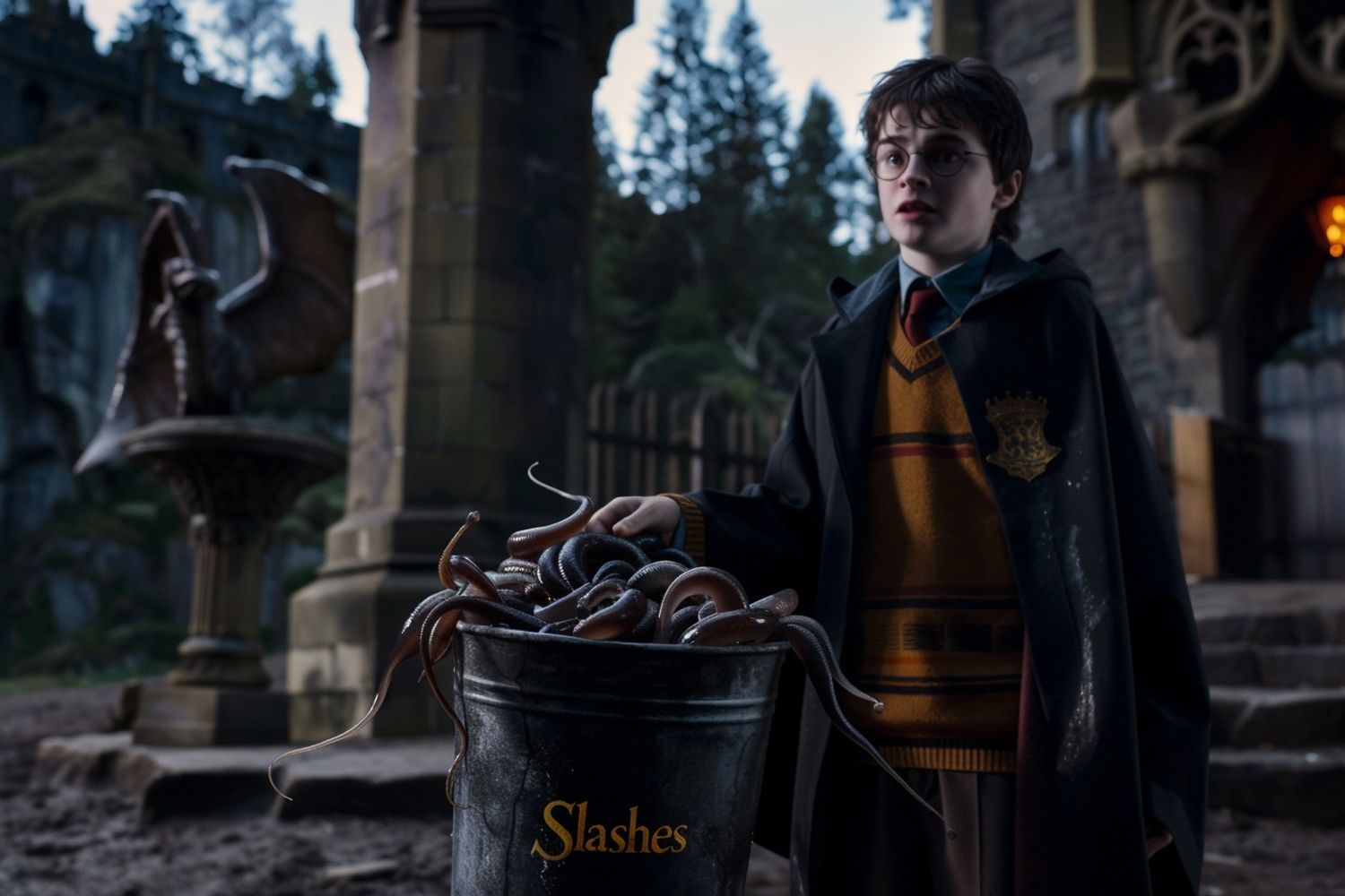 Harry Potter holding a bucket of overflowing slimy slugs at Hogwarts, with the text "Slashes" on bucket