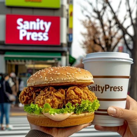 a savory and crispy chicken sandwich, inside a realistic bird's nest with baby birds at the top of a tree, a fountain drink cup with the text "SanityPress" in the back, professional product shoot