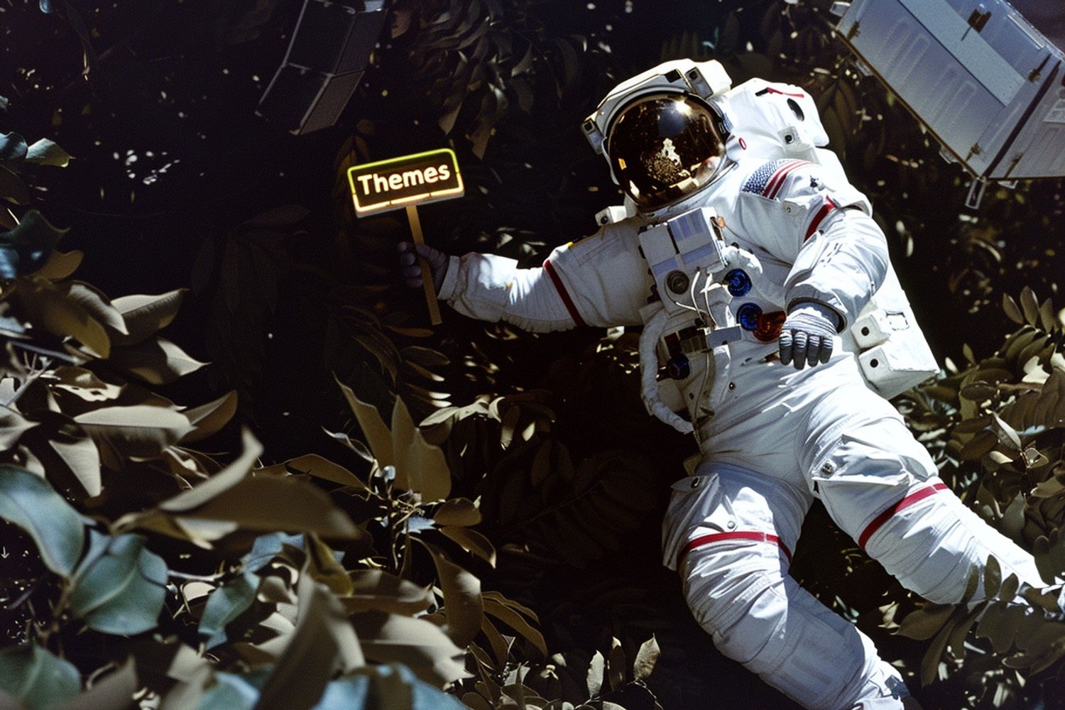 an astronaut holding a neon sign with the text "Themes", sitting atop a large pile of fallen green foliage leaves, sunny background, IMAX 4k dvd screengrab