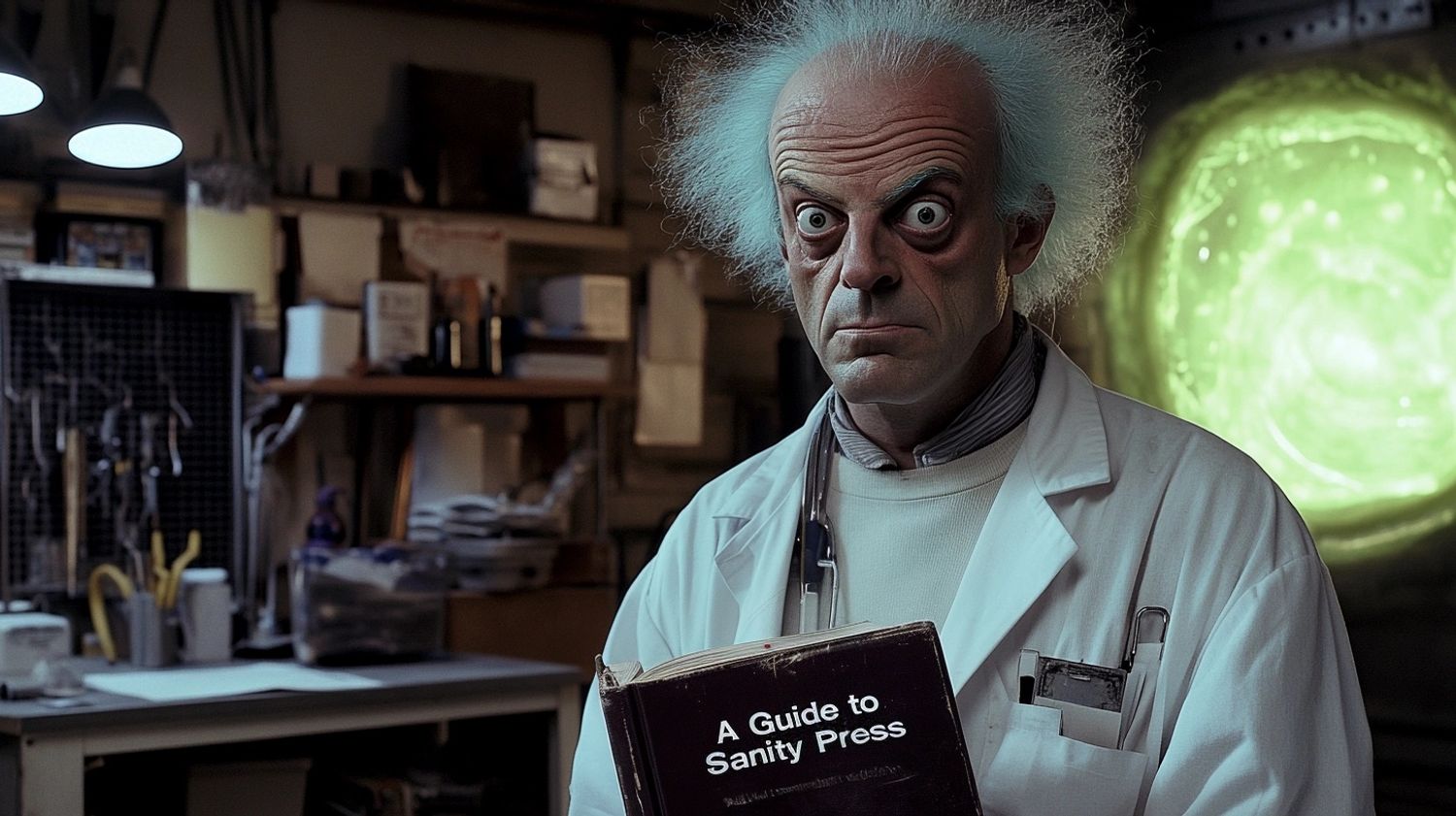 Rick Sanchez with light blue spike hair, wearing a white lab coat with a drooling mouth, holding a book with the title "A Guide to SanityPress", looking unamused in his garage, a large glowing green and yellow liquidy portal in the background, 4k Hasselblad, 70s fillm still