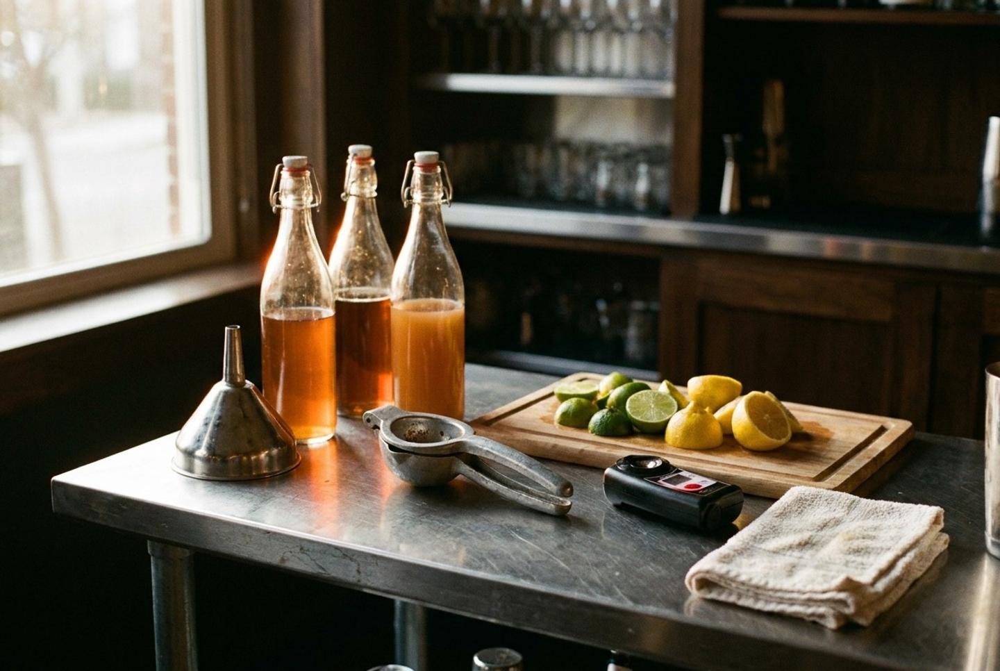 A prep bench before service: syrup bottles, a funnel, a citrus press and a refractometer laid out in a row.