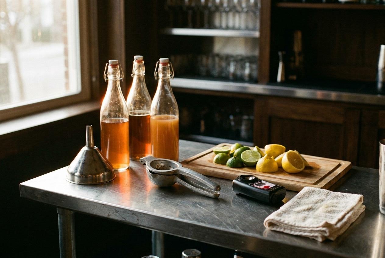 A prep bench before service: syrup bottles, a funnel, a citrus press and a refractometer laid out in a row.