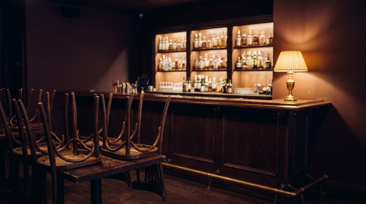 The bar after close: chairs up on the tables, one brass lamp still on at the end of the counter.