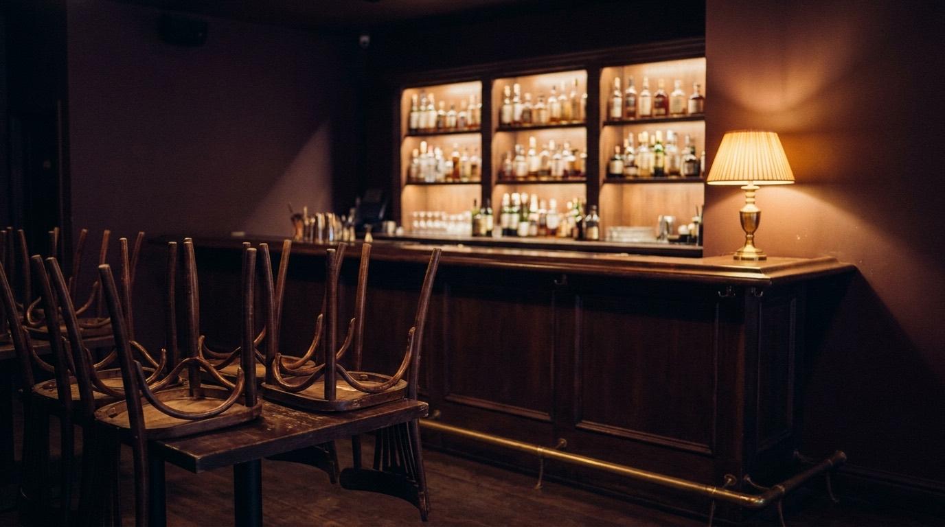 The bar after close: chairs up on the tables, one brass lamp still on at the end of the counter.