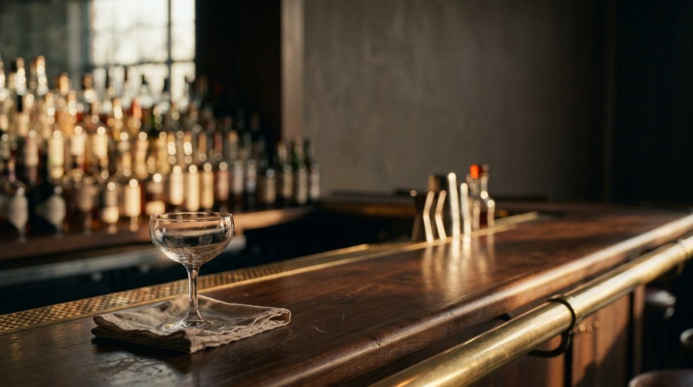 A bar top at golden hour before the doors open, with a coupe, a linen napkin and a brass rail.