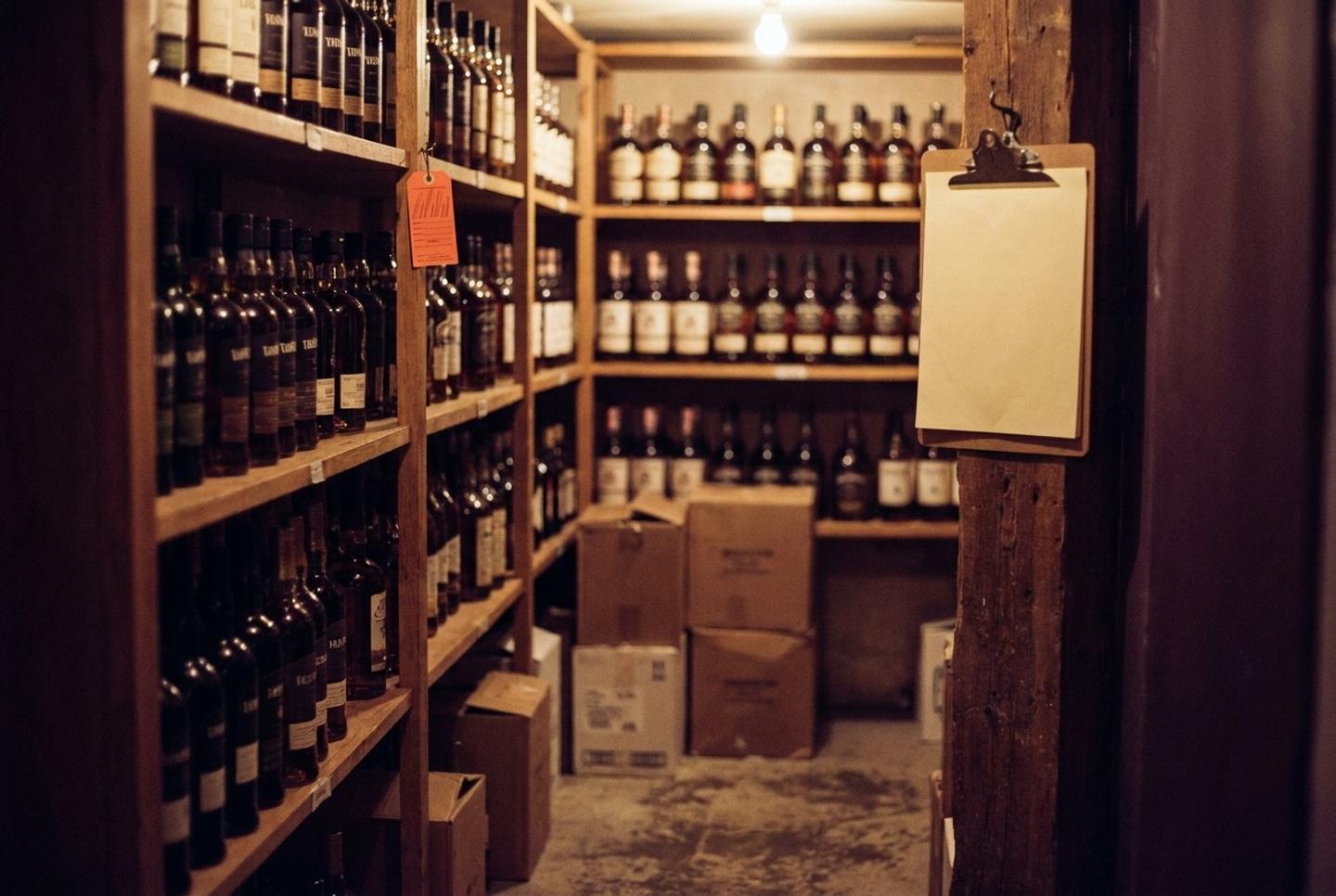 A tidy stock room after a delivery: cases on the shelves, a clipboard on its hook.