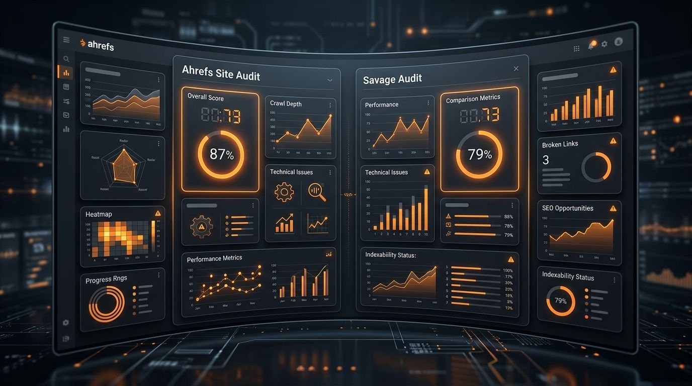 Abstract dark audit dashboard comparing technical SEO crawl signals with broader website roast insights