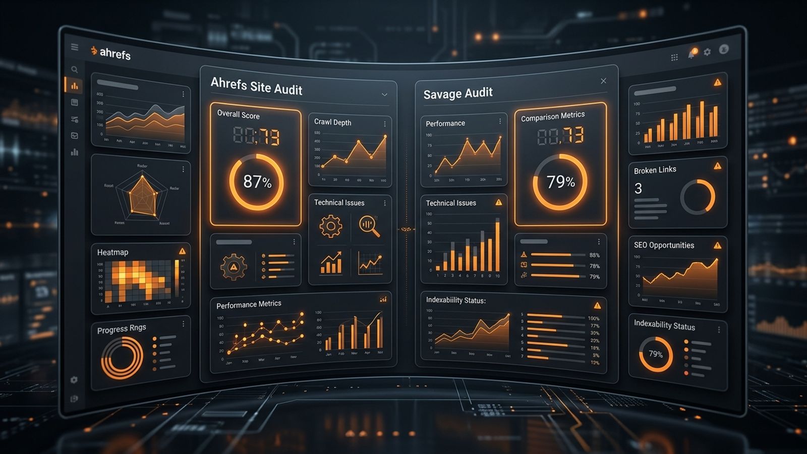 Abstract dark audit dashboard comparing technical SEO crawl signals with broader website roast insights Abstract dark audit dashboard comparing technical SEO crawl signals with broader website roast insights