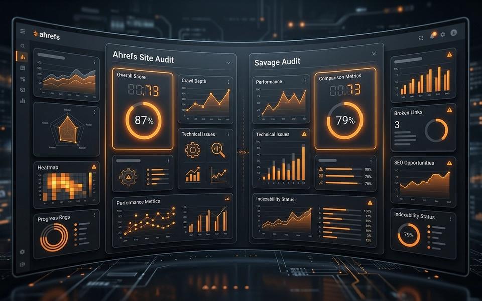 Abstract dark audit dashboard comparing technical SEO crawl signals with broader website roast insights Abstract dark audit dashboard comparing technical SEO crawl signals with broader website roast insights