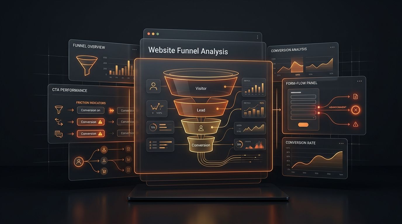 Dark abstract website funnel analysis dashboard with orange warning panels and conversion flow cards