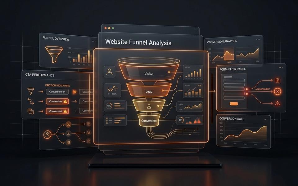 Dark abstract website funnel analysis dashboard with orange warning panels and conversion flow cards Dark abstract website funnel analysis dashboard with orange warning panels and conversion flow cards