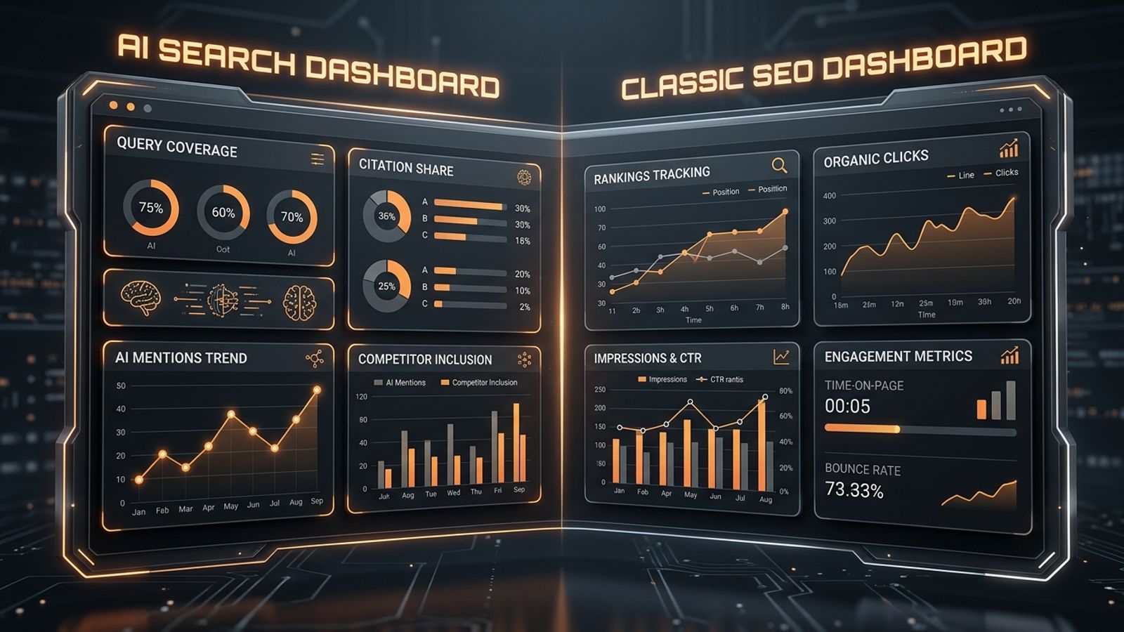 Dark SavageAudit dashboard comparing AI search metrics with classic SEO dashboard metrics. Dark SavageAudit dashboard comparing AI search metrics with classic SEO dashboard metrics.