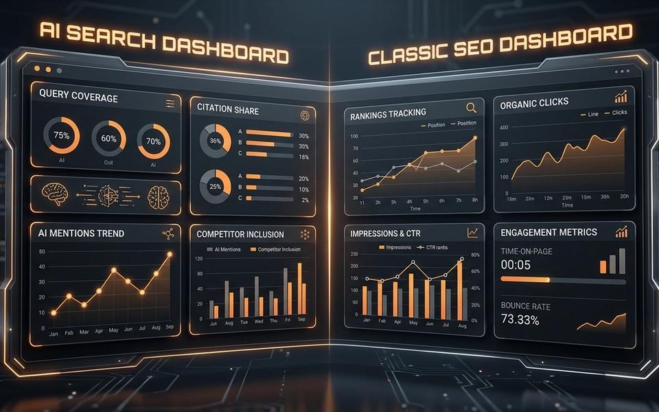 Dark SavageAudit dashboard comparing AI search metrics with classic SEO dashboard metrics. Dark SavageAudit dashboard comparing AI search metrics with classic SEO dashboard metrics.