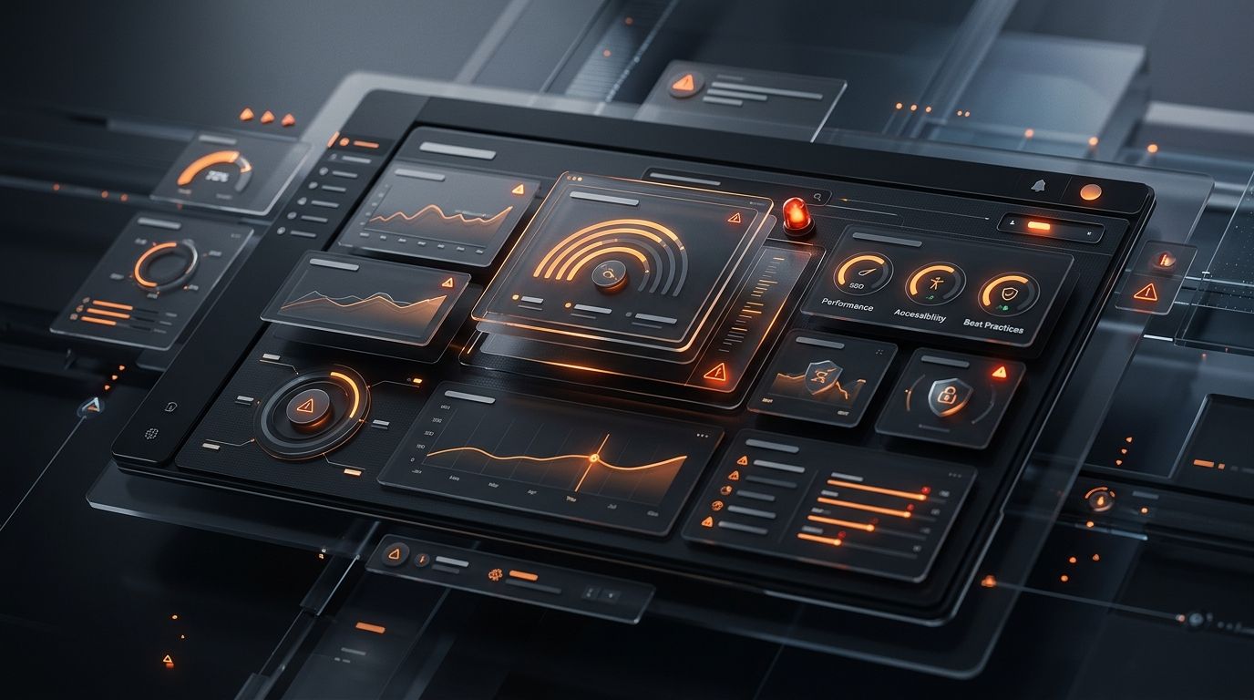 Dark automated website audit dashboard with orange analytics panels and warning indicators