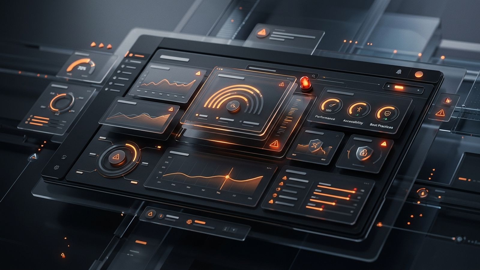 Dark automated website audit dashboard with orange analytics panels and warning indicators Dark automated website audit dashboard with orange analytics panels and warning indicators